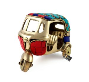 Two Moustaches 100% Pure Brass Vintage Style Auto Rickshaw Miniature, Two Moustaches 100% Pure Brass Vintage Style Auto Rickshaw Miniature, Brass Decor Showpiece,4.5 x 2.4 x 3 Inches, Multicolored Gemstone Work Tuktuk Showpiece, Weight - 450 Grams, Standard, Pack of 1