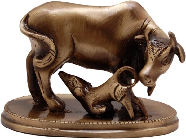 Two Moustaches 3 Inches Brass Kamdhenu Cow & Calf Showpiece, Handcrafted Brass Kamdhenu Statue, Vastu Home Decor for Pooja Room & Mandir, Brown, Weight - 350 Grams, Standard, Pack of 1