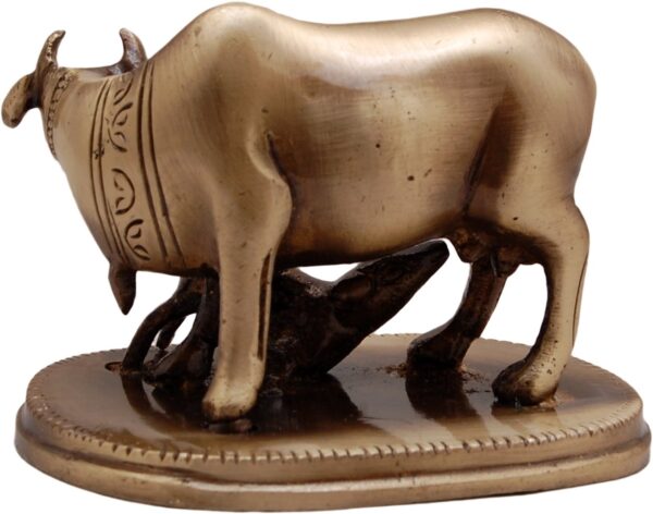 Two Moustaches 3 Inches Brass Kamdhenu Cow & Calf Showpiece, Handcrafted Brass Kamdhenu Statue, Vastu Home Decor for Pooja Room & Mandir, Brown, Weight - 350 Grams, Standard, Pack of 1