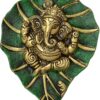 Two Moustaches Decorative Leaf Ganesha on Patta Metal Wall Hanging Showpiece, Green & Golden, Standard (TMP/1991B)
