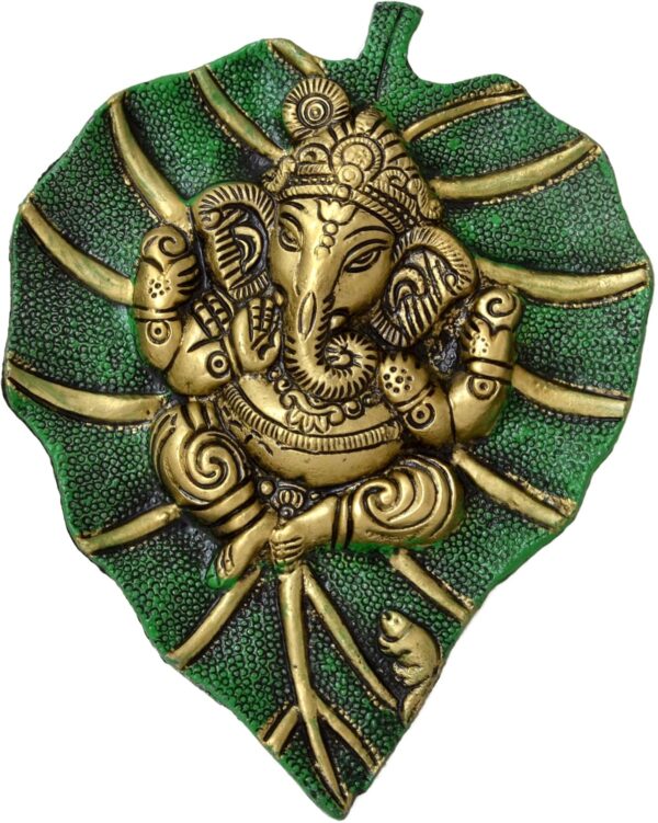 Two Moustaches Decorative Leaf Ganesha on Patta Metal Wall Hanging Showpiece, Green & Golden, Standard (TMP/1991B)