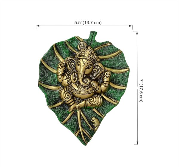 Two Moustaches Decorative Leaf Ganesha on Patta Metal Wall Hanging Showpiece, Green & Golden, Standard (TMP/1991B)