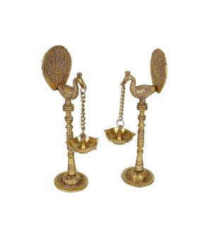 Two Moustaches Peacock Design 9 Inches Brass Hanging Diya Pair, Two Moustaches Peacock Design 9 Inches Brass Hanging Diya Pair, Diya for Pooja, Diyas for Home Decoration, Antique Yellow, Standard, Pack of 2