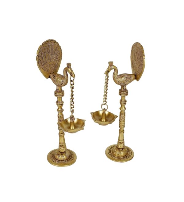 Two Moustaches Peacock Design 9 Inches Brass Hanging Diya Pair, Two Moustaches Peacock Design 9 Inches Brass Hanging Diya Pair, Diya for Pooja, Diyas for Home Decoration, Antique Yellow, Standard, Pack of 2