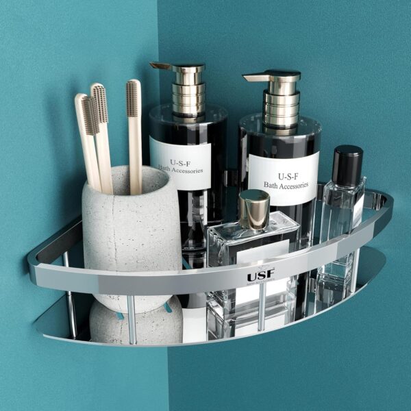 U-S-F BATH ACCESSORIES USF Elegance Stainless Steel Corner Shelf for Bathroom and Kitchen, Wall Mounted Storage Rack for Toiletries and Essentials, Compact Storage Shelf (Pack of 1)