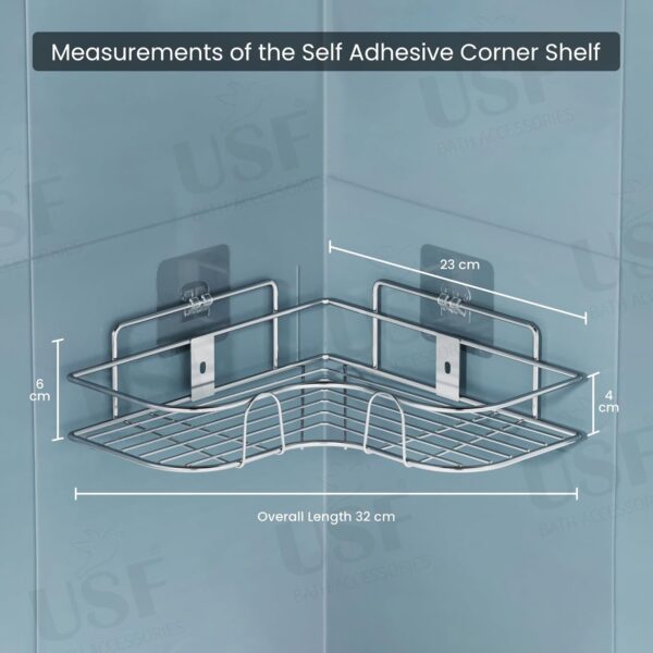 U-S-F BATH ACCESSORIES USF Wall Mounted Corner Shelf for Bathroom, Adhesive Storage Rack for Toiletries and Kitchen Essentials with Space Saving Design (Chrome, Pack of 1)