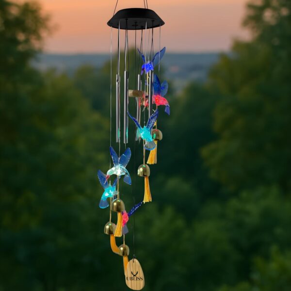 UBliss Blue Hummingbird Solar Wind Chime with Color-Changing LED – 6 Bells & 4 Metal Rods – Waterproof Outdoor Hanging Light for Garden, Balcony, Patio & Yard – Gift for Home Decor