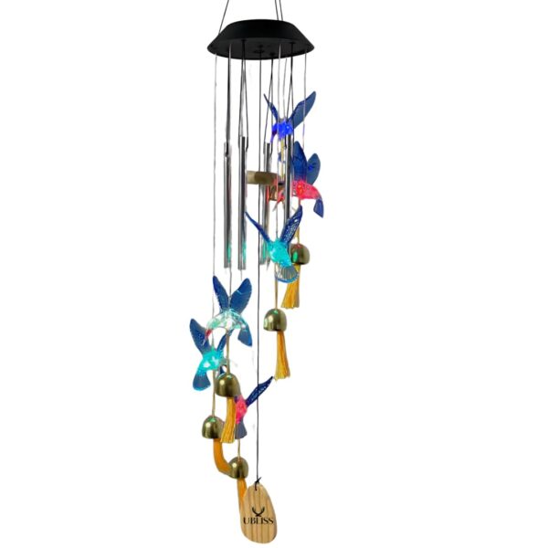UBliss Blue Hummingbird Solar Wind Chime with Color-Changing LED – 6 Bells & 4 Metal Rods – Waterproof Outdoor Hanging Light for Garden, Balcony, Patio & Yard – Gift for Home Decor