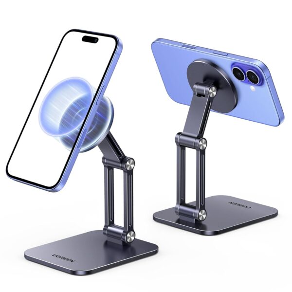 UGREEN Magnetic Phone Stand for Desk, Adjustable Aluminum MagSafe Holder, Compatible with iPhone 17 Pro Max 16 15 14 13 12 Series, with MagSafe Metal Ring