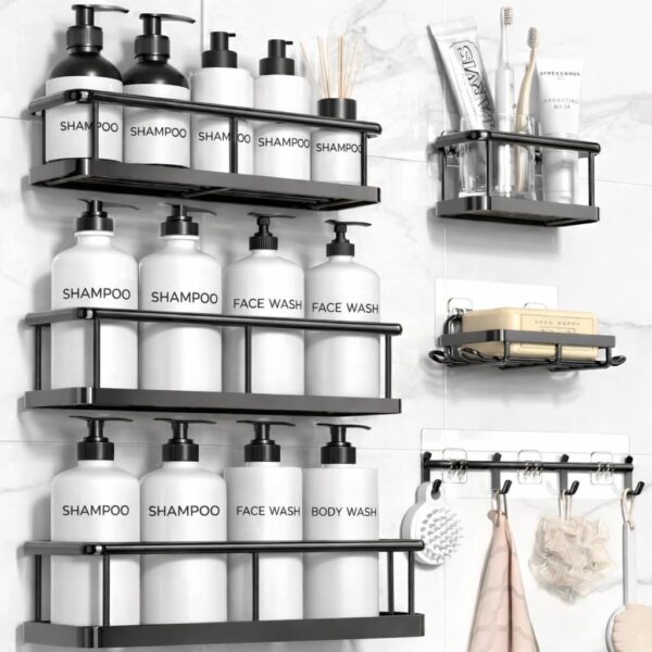 URBANMONK 6 Pcs Bathroom Organiser Without Drill |Bathroom Accessories Set | Bathroom Stand for wall Toothbrush, Soap and Shampoo Holder