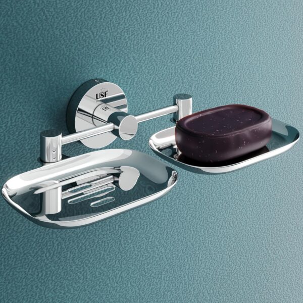 USF 304 Stainless Steel Double Soap Stand for Bathroom, Wall Mounted Soap Holder with Drain Holes, Durable Rustproof Build, Chrome Finish, 25 Years Warranty