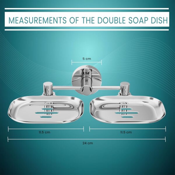 USF 304 Stainless Steel Double Soap Stand for Bathroom, Wall Mounted Soap Holder with Drain Holes, Durable Rustproof Build, Chrome Finish, 25 Years Warranty