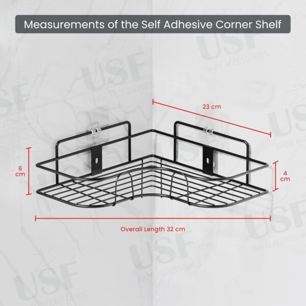 USF Corner Storage Rack Set for Bathroom and Kitchen, Self Adhesive Wall Mounted Shelf with No Drill Fixing and Strong Hold, Space Saving Corner Design (Black, Pack of 2)