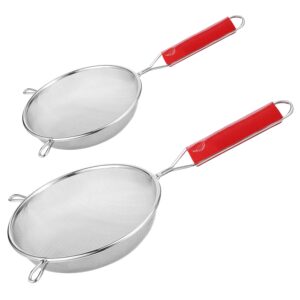 Unify 2 Pieces Stainless Steel Soup & Juice Strainer/Liquid Filter for Kitchen Use, Soup Chalni with Red Handle, Rice & Juice Use (Size-5, 7, Dia-13.5cm, 18.5cm, Set of 2, Silver)