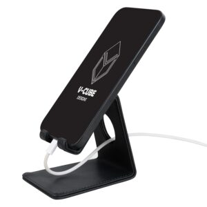 V-CUBE DESIGNS Premium Vegan Leather Universal Mobile Holder | Steel V-CUBE DESIGNS Premium Vegan Leather Universal Mobile Holder | Steel Frame | Angular Desk Phone Stand with Anti-Slip Leather Surface | Fits all Smartphones, Tablets, Kindle, iPad up to 7 Inches |Black
