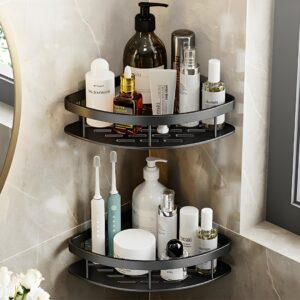 VELVYT Pack of 2, Aluminium Corner Shelf for Bathroom, Corner VELVYT Pack of 2, Aluminium Corner Shelf for Bathroom, Corner Stand and Rack Without Drilling, Self-Adhesive Wall Mounted Bathroom Shelf & Kitchen Organizer (Corner Black)