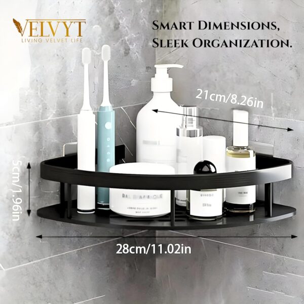 VELVYT Pack of 2, Aluminium Corner Shelf for Bathroom, Corner Stand and Rack Without Drilling, Self-Adhesive Wall Mounted Bathroom Shelf & Kitchen Organizer (Corner Black)
