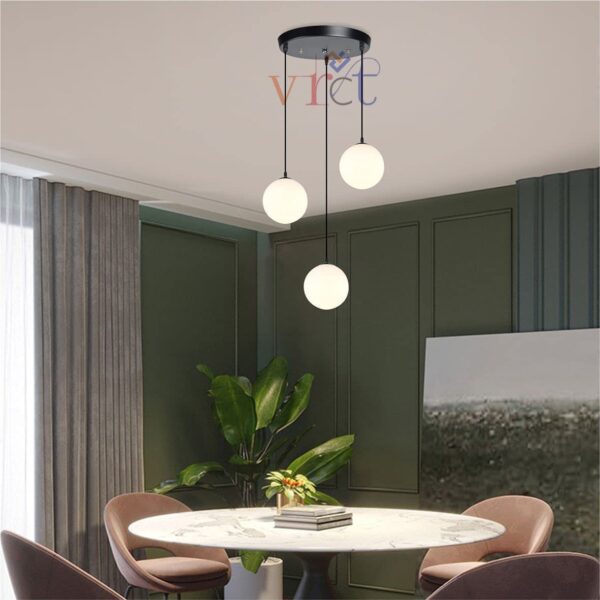 VRCT E27 Base Adjustable Mini Hanging Vintage Pendant Light Fixture with 3-Light Globe Shade (White)(Metal)(Corded Electric)