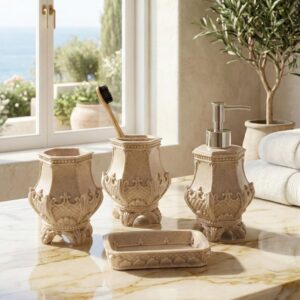 Victorian Resin 4-Piece Bathroom Accessories Set | Soap Dispenser, Toothbrush Holder, Soap Dish & Tumbler | Luxury Vintage Bath Set for Home, Kitchen & Wash Basin Décor (Beige)