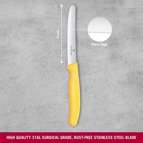 Victorinox Swiss Made, Stainless Steel Swiss Classic Paring Knife, 11 cm, Serrated Edge with Round Tip, Professional and Household Kitchen Tools, Kitchen Items, Yellow, 6.7838.C1 | Multipurpose Knife
