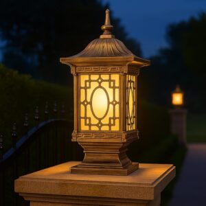 Vintage Oriental Post Light, Outdoor Pillar Lamp, Bronze Metal with Vintage Oriental Post Light, Outdoor Pillar Lamp, Bronze Metal with Glass Panels, Asian Pagoda Design, Decorative Garden Column Mount, Warm LED with 1 Year Warranty (Bulb Included)