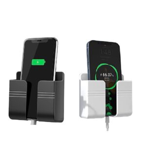 WALLVIEW TECH Pack of 2 Wall Mounted Mobile Holder & WALLVIEW TECH Pack of 2 Wall Mounted Mobile Holder & Storage Case for Remote with Charging Port, Adjustable Viewing Angle, Multi-Purpose Wall Stand for Phones (White/Black)
