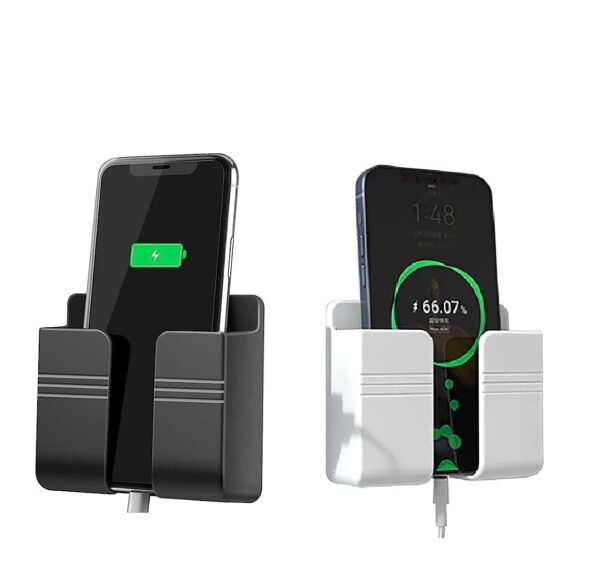 WALLVIEW TECH Pack of 2 Wall Mounted Mobile Holder & WALLVIEW TECH Pack of 2 Wall Mounted Mobile Holder & Storage Case for Remote with Charging Port, Adjustable Viewing Angle, Multi-Purpose Wall Stand for Phones (White/Black)