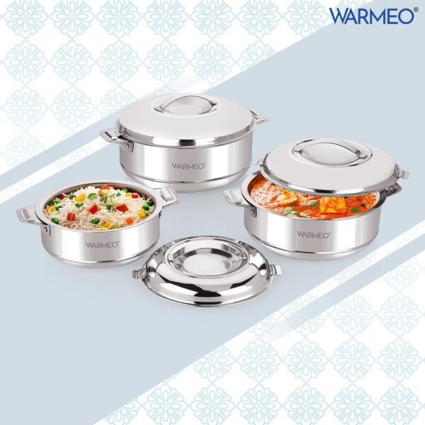 WARMEO Steam Insulated Stainless Steel Casseroles| Easy to Carry Hot Boxes for Kitchen | Hot Food, Easy to Store| Silver| Set of 3 (500,1000,1500ml)