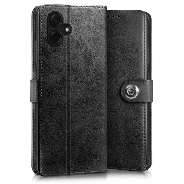 WOW IMAGINE Shockproof Flip Cover Back Case for Samsung Galaxy M17e 5G | F70e 5G | M07 | F07 | A07 | A07 5G (Designer Button Flip Case | Inbuilt Wallet Pockets & Stand | Leather Finish | Haze Black)