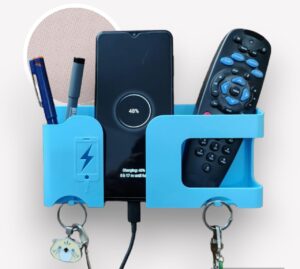Wall Mobile Holder | Multi-Purpose Mobile Stand for Wall | Wall Mobile Holder | Multi-Purpose Mobile Stand for Wall | Remote Holder & Mobile Charging Stand | Phone Holder for Charging | Kitchen Organizer Rack Mounted | Useful Gadget-Blue