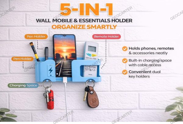 Wall Mobile Holder | Multi-Purpose Mobile Stand for Wall | Remote Holder & Mobile Charging Stand | Phone Holder for Charging | Kitchen Organizer Rack Mounted | Useful Gadget-Blue