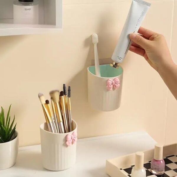 Wall Mounta Esthetic Makeup Organizer | Modern Plastic Cosmetic Storage| Lightweight Bathroom Accessory Holder for Brushes, Tubes Pack of 01 (Cream)