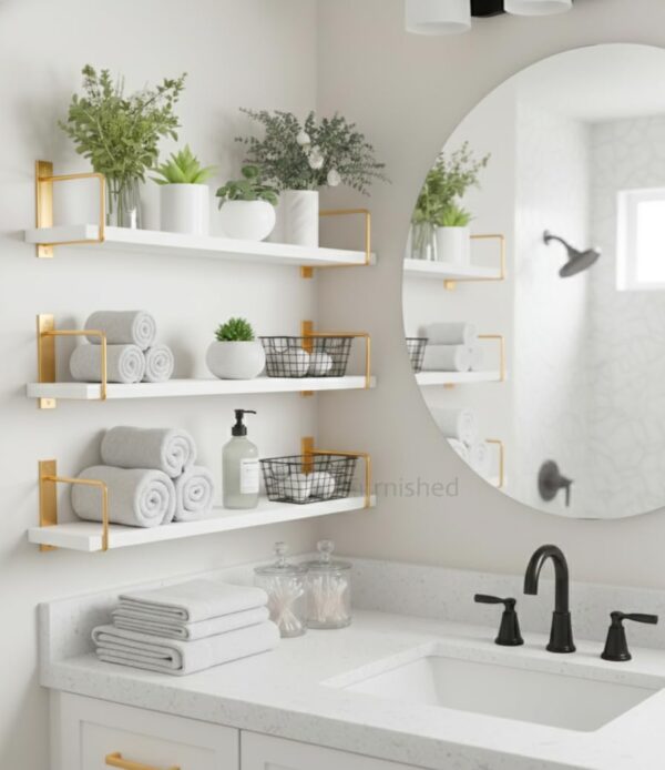 Wall Mounted Bathroom Shelves Set of 3, White Rustic Wood Wall Mounted Bathroom Shelves Set of 3, White Rustic Wood Floating Shelves with Metal Brackets, Wall Storage Rack for Toiletries Organizer Washbasin Kitchen Living Room (Golden White)
