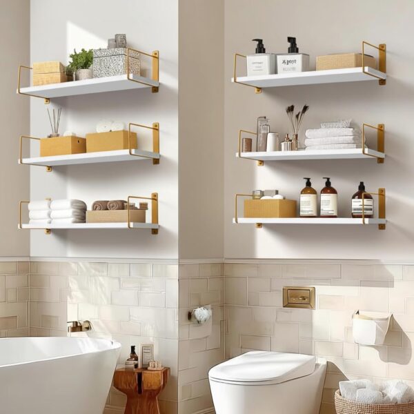 Wall-Mounted-Bathroom-Shelves-Set-of-3-White-Rustic-Wood-Floating-Shelves-with-Metal-Brackets-Wall-Storage-Rack-for-Toiletries-Organizer-Washbasin-Kitchen-Living-Room-Golden-White.jpg Wall Mounted Bathroom Shelves Set of 3, White Rustic Wood Floating Shelves with Metal Brackets, Wall Storage Rack for Toiletries Organizer Washbasin Kitchen Living Room (Golden White)