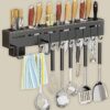 Wall Mounted Kitchen Shelf Rack; Knife Holder with Hooks; Towel Wall Mounted Kitchen Shelf Rack; Knife Holder with Hooks; Towel Hanger & Cutlery Storage; Metal Utensil Organizer for Spatula, Ladle, Spoon (44x4.5x8cm) – Multi-Purpose