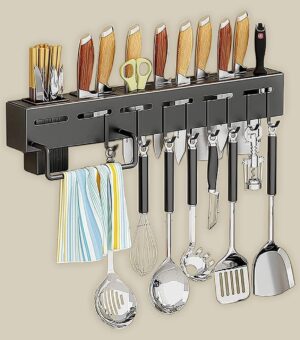 Wall Mounted Kitchen Shelf Rack; Knife Holder with Hooks; Towel Hanger & Cutlery Storage; Metal Utensil Organizer for Spatula, Ladle, Spoon (44x4.5x8cm) – Multi-Purpose