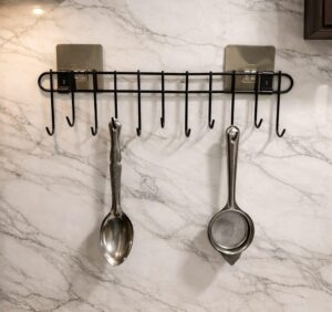 Wall Mounted Kitchen Utensil Hanger with Adhesive Hooks | Heavy Duty Metal Spoon & Ladle Holder Rack | No Drilling Kitchen Organizer for Cooking Tools, Cups & Accessories (Black)
