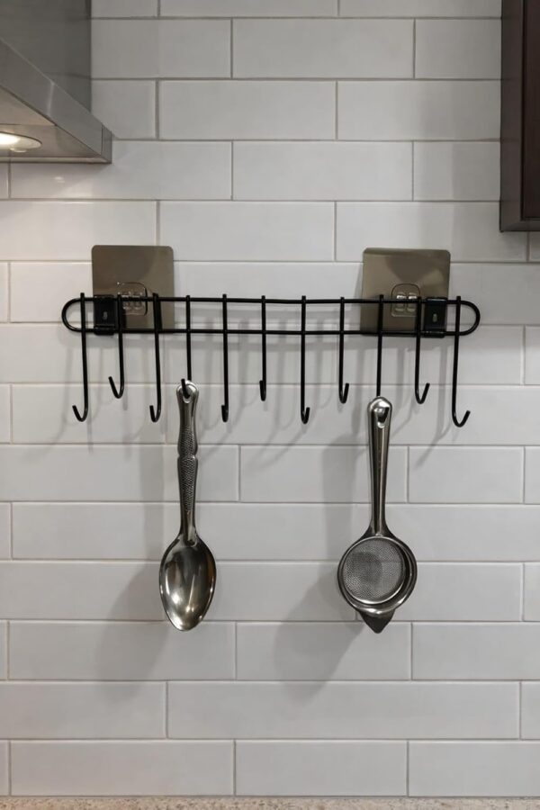 Wall Mounted Kitchen Utensil Hanger with Adhesive Hooks | Heavy Duty Metal Spoon & Ladle Holder Rack | No Drilling Kitchen Organizer for Cooking Tools, Cups & Accessories (Black)