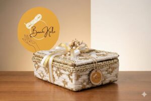 White & Golden Gift Box | Decorative Storage Box with Lid | Handwoven Gold & White | Multipurpose Organizer for Jewelry/Gift Box | Basket for Home & Office