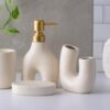 Whizzo Ceramic 4 Pcs Bathroom Accessories Set | Soap Dispenser with Golden Pump, Toothbrush Holder, Soap Dish & Tumbler | Modern Luxury Bathroom Countertop Organizer (BS-845, Light Pink)
