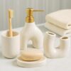 Whizzo Ceramic 4 Pcs Bathroom Accessories Set | Soap Dispenser with Golden Pump, Toothbrush Holder, Soap Dish & Tumbler | Modern Luxury Bathroom Countertop Organizer (BS-845, Light Pink)