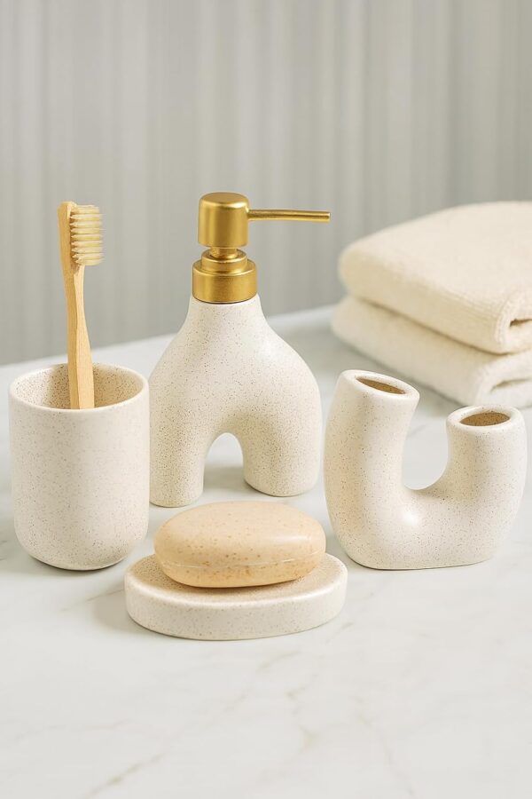 Whizzo Ceramic 4 Pcs Bathroom Accessories Set | Soap Dispenser with Golden Pump, Toothbrush Holder, Soap Dish & Tumbler | Modern Luxury Bathroom Countertop Organizer (BS-845, Light Pink)