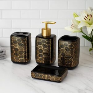 Whizzo Premium Ceramic Bathroom Accessories Set of 4 – Soap Dispenser, Toothbrush Holder, Tumbler & Soap Dish | Luxury Golden Geometric Design | Bathroom Décor Set for Home & Hotels (BS-844, Black)