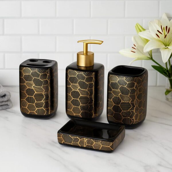 Whizzo Premium Ceramic Bathroom Accessories Set of 4 – Soap Dispenser, Toothbrush Holder, Tumbler & Soap Dish | Luxury Golden Geometric Design | Bathroom Décor Set for Home & Hotels (BS-844, Black)