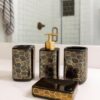 Whizzo Premium Ceramic Bathroom Accessories Set of 4 – Soap Dispenser, Toothbrush Holder, Tumbler & Soap Dish | Luxury Golden Geometric Design | Bathroom Décor Set for Home & Hotels (BS-844, Black)