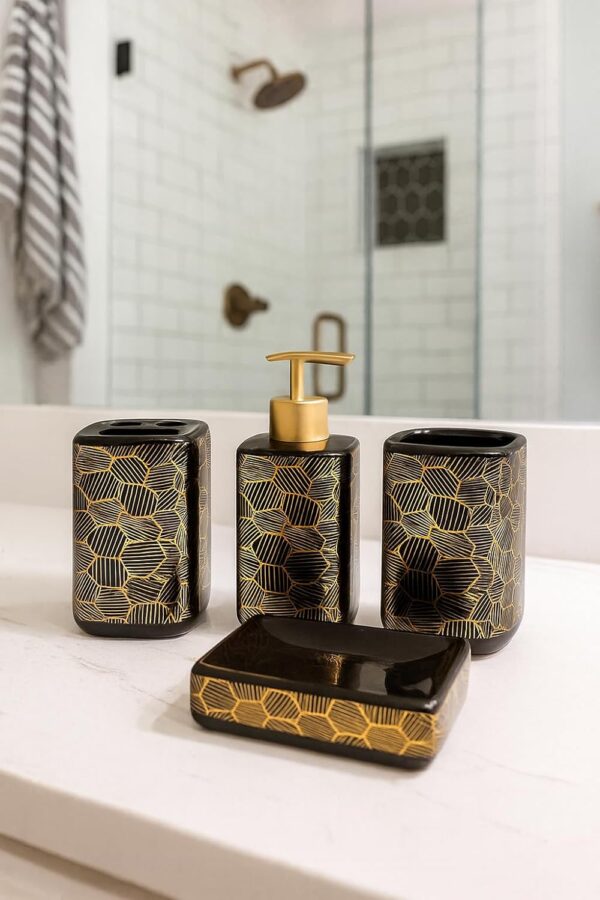 Whizzo Premium Ceramic Bathroom Accessories Set of 4 – Soap Dispenser, Toothbrush Holder, Tumbler & Soap Dish | Luxury Golden Geometric Design | Bathroom Décor Set for Home & Hotels (BS-844, Black)