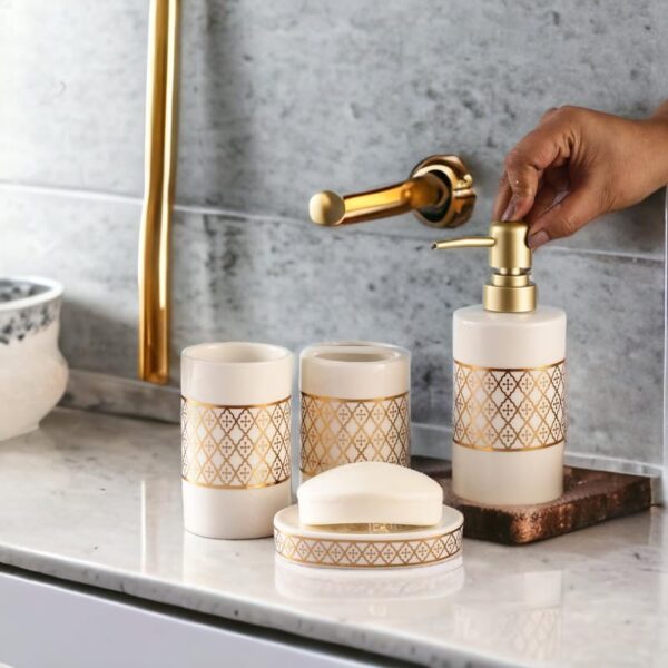 Whizzo® Intricate Design Bathroom Accessories Set Ceramic - 4 Piece Bathroom Accessories Set Soap Dispenser, Toothbrush Holder, Tumbler, Soap Dish, The Best Gifting Choice (WZ-BS-798-White)