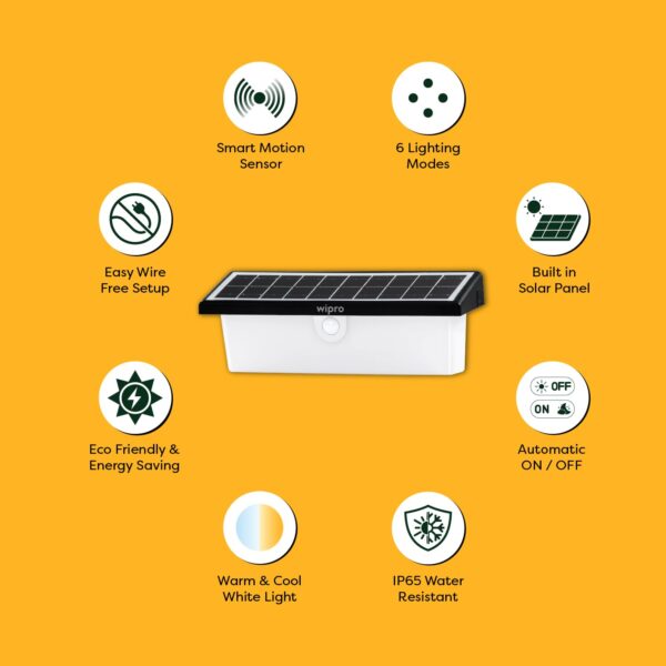 Wipro Garnet Motion Sensor Solar Wall Light SW01 | 6 in 1 modes | Color Changing(Warm & Cool White) | Auto ON (Night) & OFF (Day) | IP65 | Outdoor Light for Home, Balcony, Patio, Stairs, Garden | Pk 1