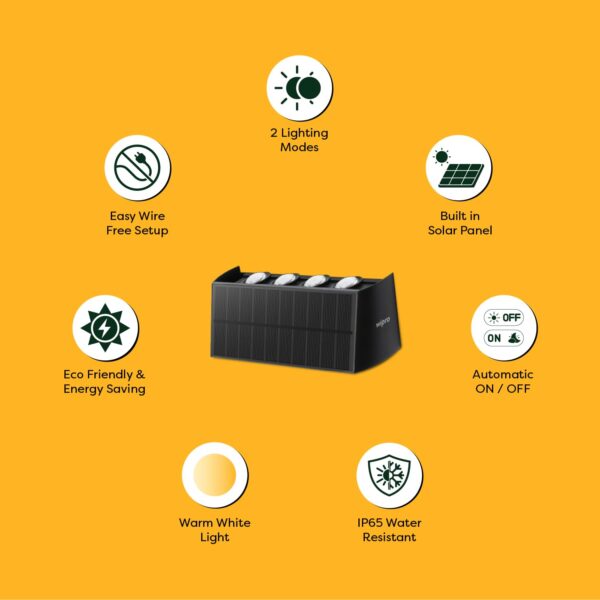 Wipro-Garnet-Solar-Wall-Light-SW04-4x2-Way-2-in-1-Modes-Warm-White-Light-Auto-ONNight-OffDay-IP65-Outdoor-Light-for-Home-Balcony-Patio-Stairs-Garden-Easy-Installation-Pk-1.jpg Wipro Garnet Solar Wall Light SW04 4x2 Way | 2 in 1 Modes | Warm White Light | Auto ON(Night) & Off(Day) | IP65 | Outdoor Light for Home, Balcony, Patio, Stairs, Garden | Easy Installation | Pk 1
