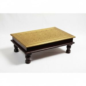 "Wood & Brass Chowki Pooja Bajot Stool | Traditional Indian Brass Work | Home Decor Sitting Table | Gold Color 18x12x6 Inches | Multipurpose Religious Furniture